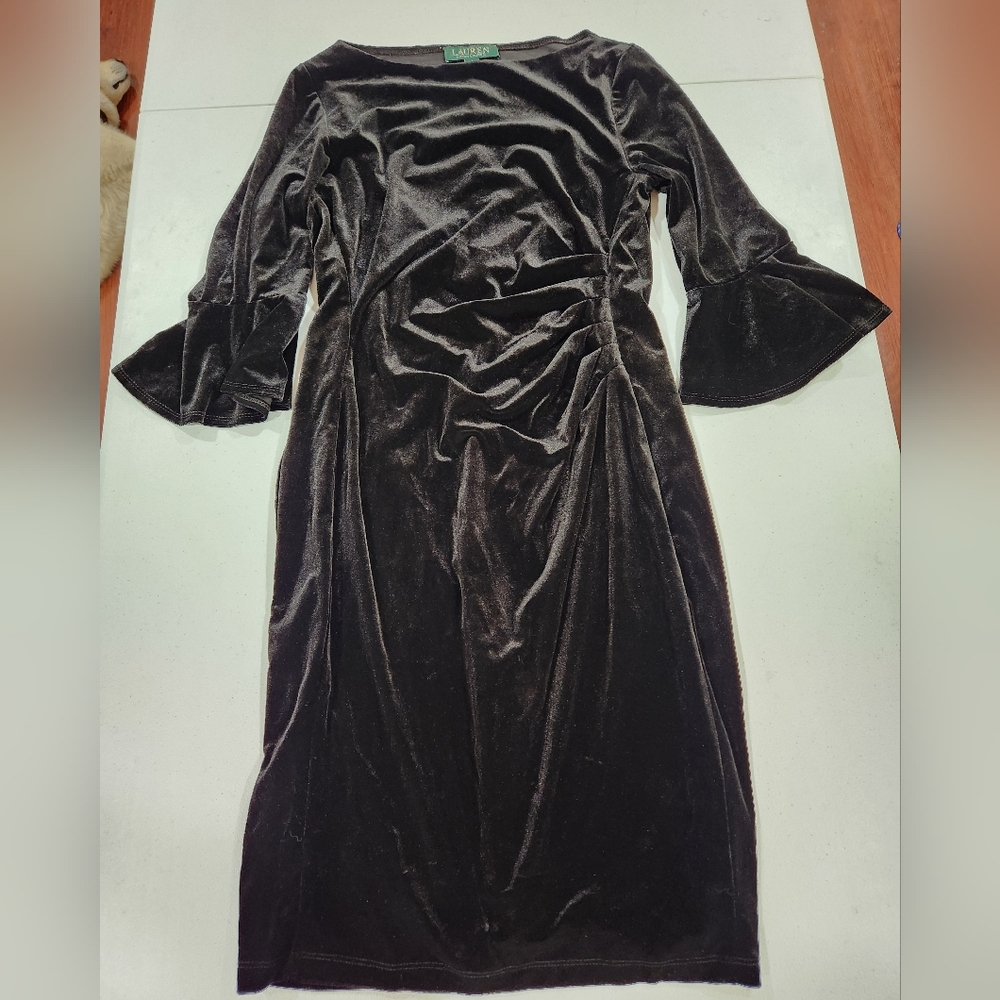 Lauren Ralph Lauren Black Velvet Boat Neck Dress Bell Sleeve